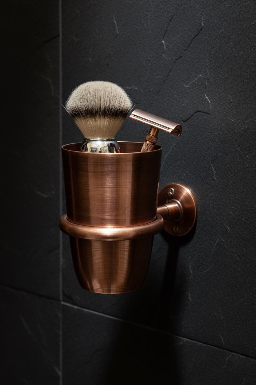 Bronze shaving brush and stand against a dark tiled wall
