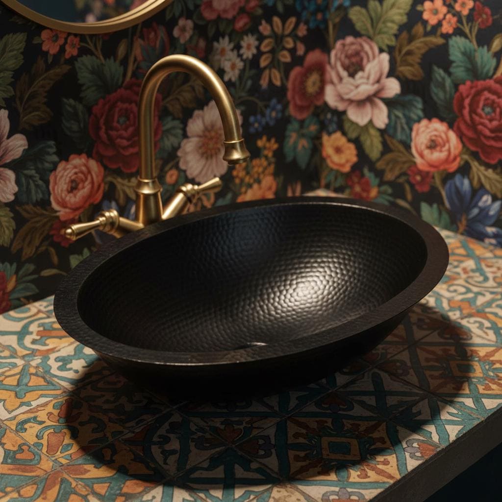 Black sink with gold faucet against a floral wallpaper background