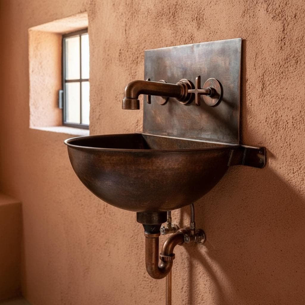 Wall-mounted metal sink with faucet in a rustic setting