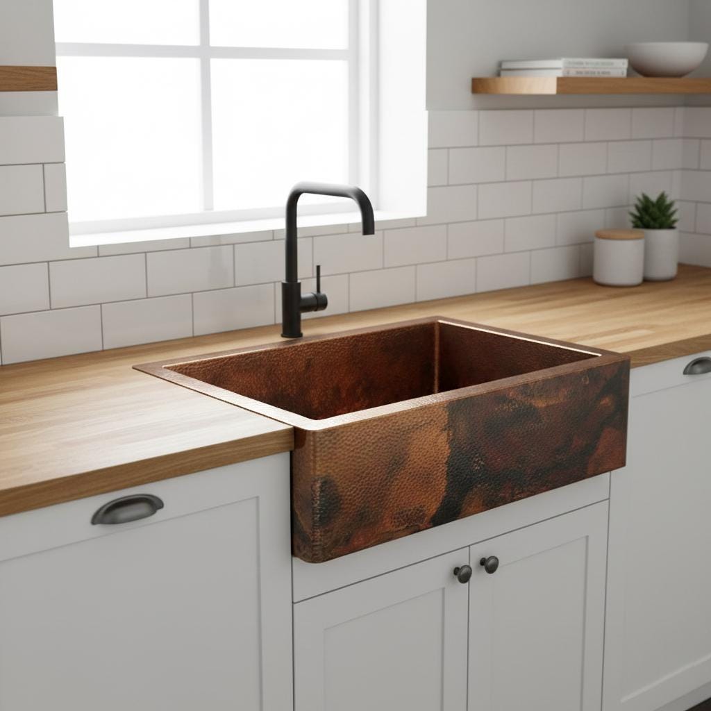 Copper farmhouse sink in a modern kitchen with wooden countertops and white cabinets.