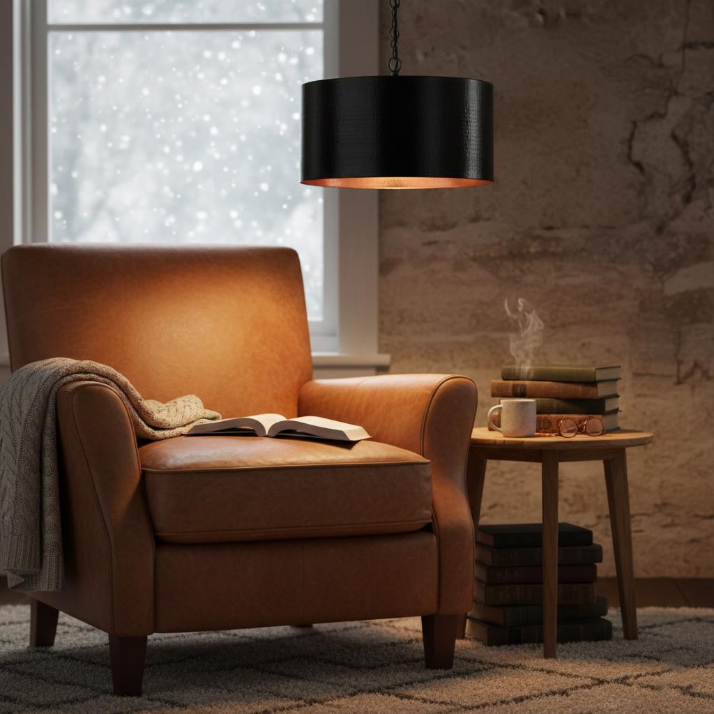 Cozy living room with brown armchair, book, mug, and black pendant light.