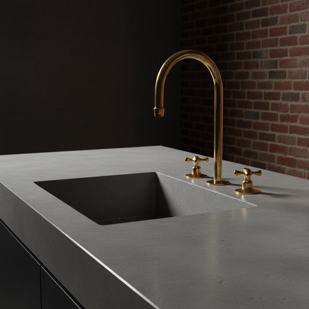 Modern kitchen sink with gold faucet and handles against a dark wall and brick background