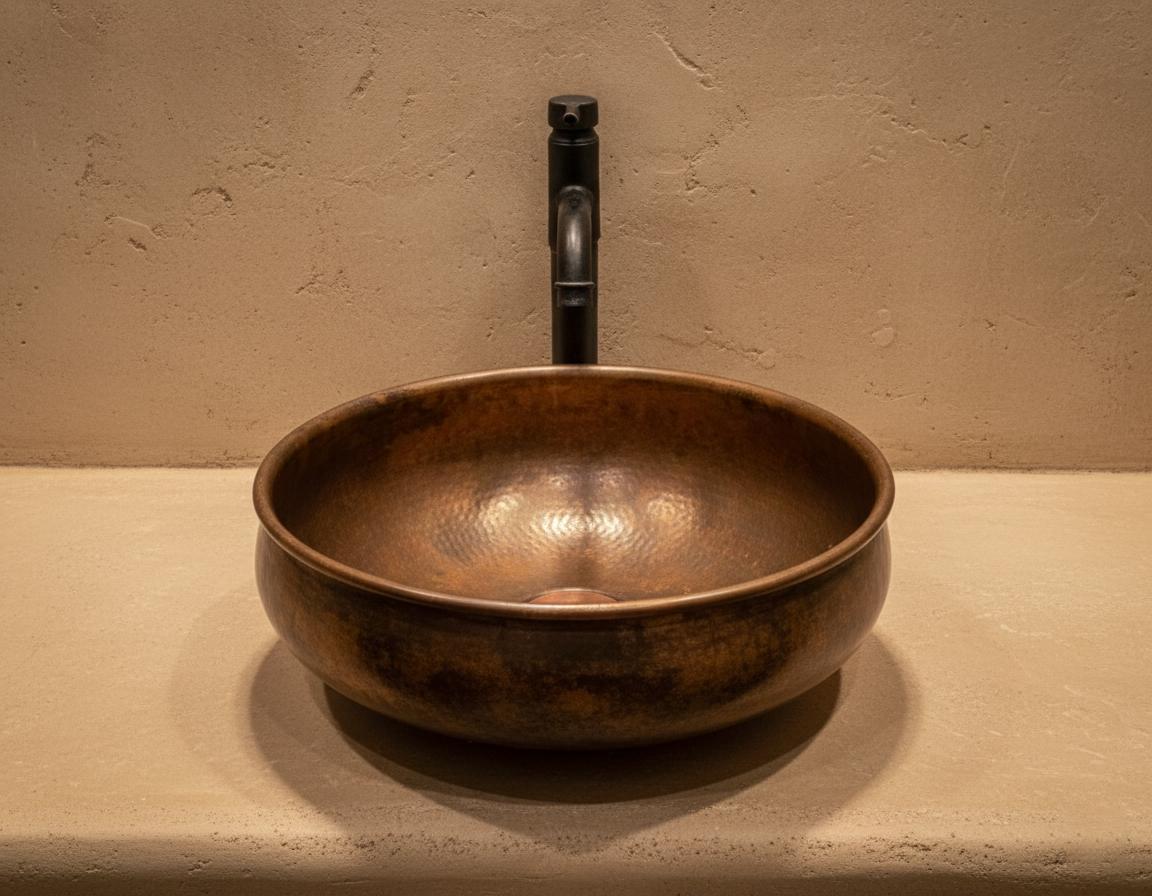 Copper sink on a beige countertop with a neutral wall background