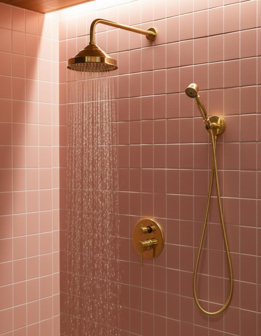 Gold shower head and fixtures on a pink tiled wall