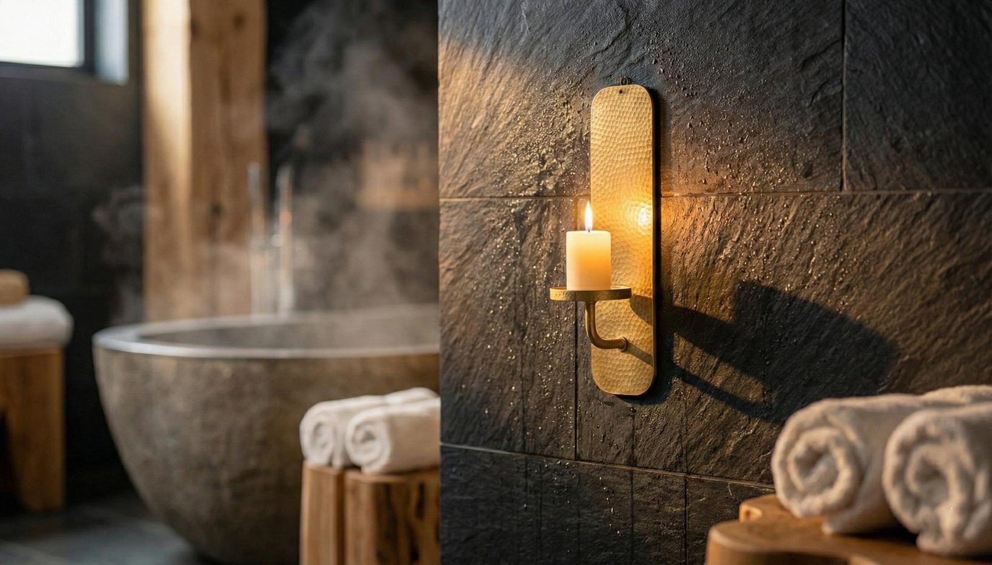 Bathroom setting with a stone bathtub, candles on a wall sconce, and towels.