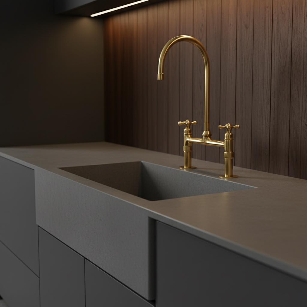 Modern kitchen sink with gold faucet against a wooden wall.