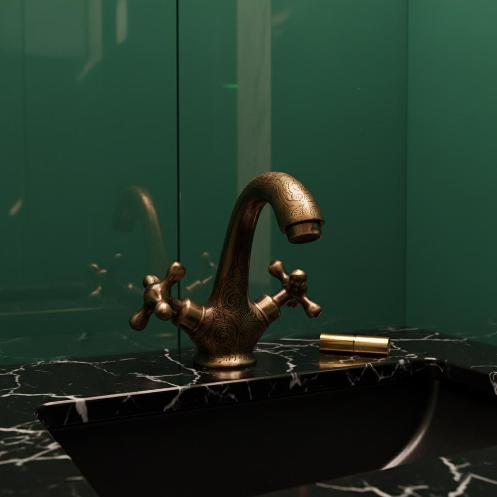 Bronze faucet on a black marble sink against a green wall