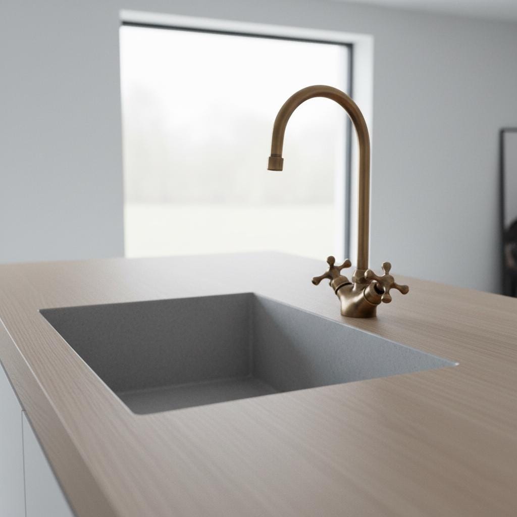 Modern kitchen sink with bronze faucet on a light wood countertop.