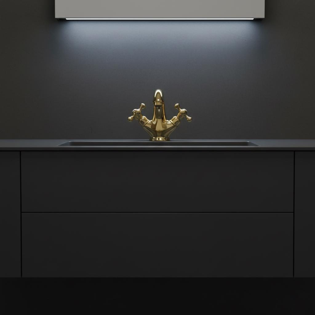 Gold faucet on a black kitchen sink with a dark gray wall in the background