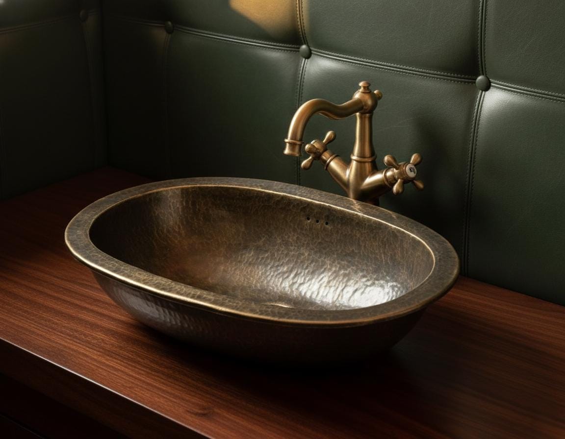 Bronze sink with faucet against a green leather wall