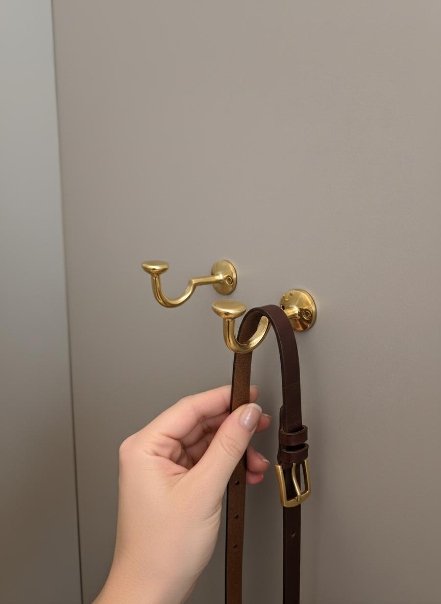 Gold hooks on a gray wall with a hand holding a brown belt.