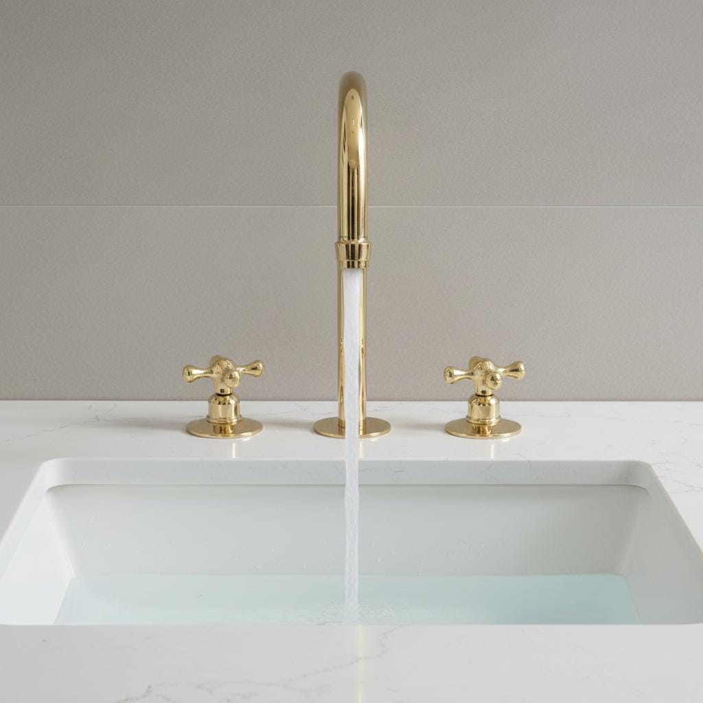 Gold faucet with two handles on a white sink against a gray wall.