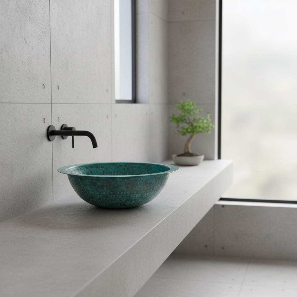 Modern bathroom with a green speckled sink on a white countertop.