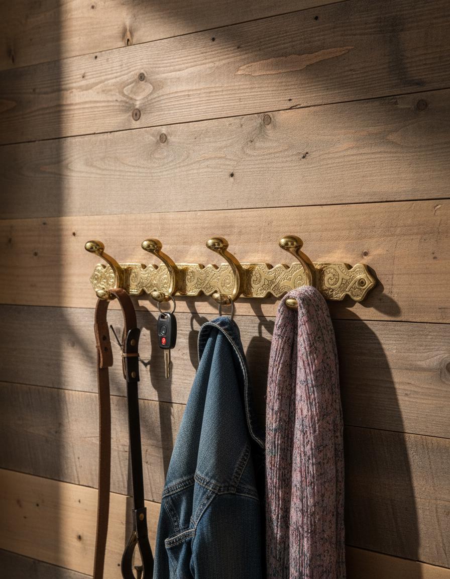 Decorative gold hook rack on a wooden wall with clothes and a belt hanging on it.