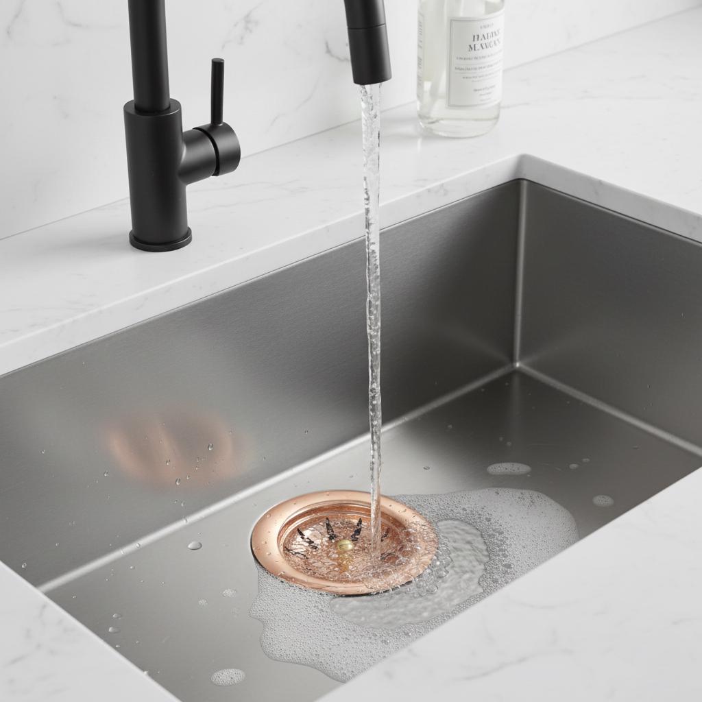 Water flowing from a black faucet into a stainless steel kitchen sink.