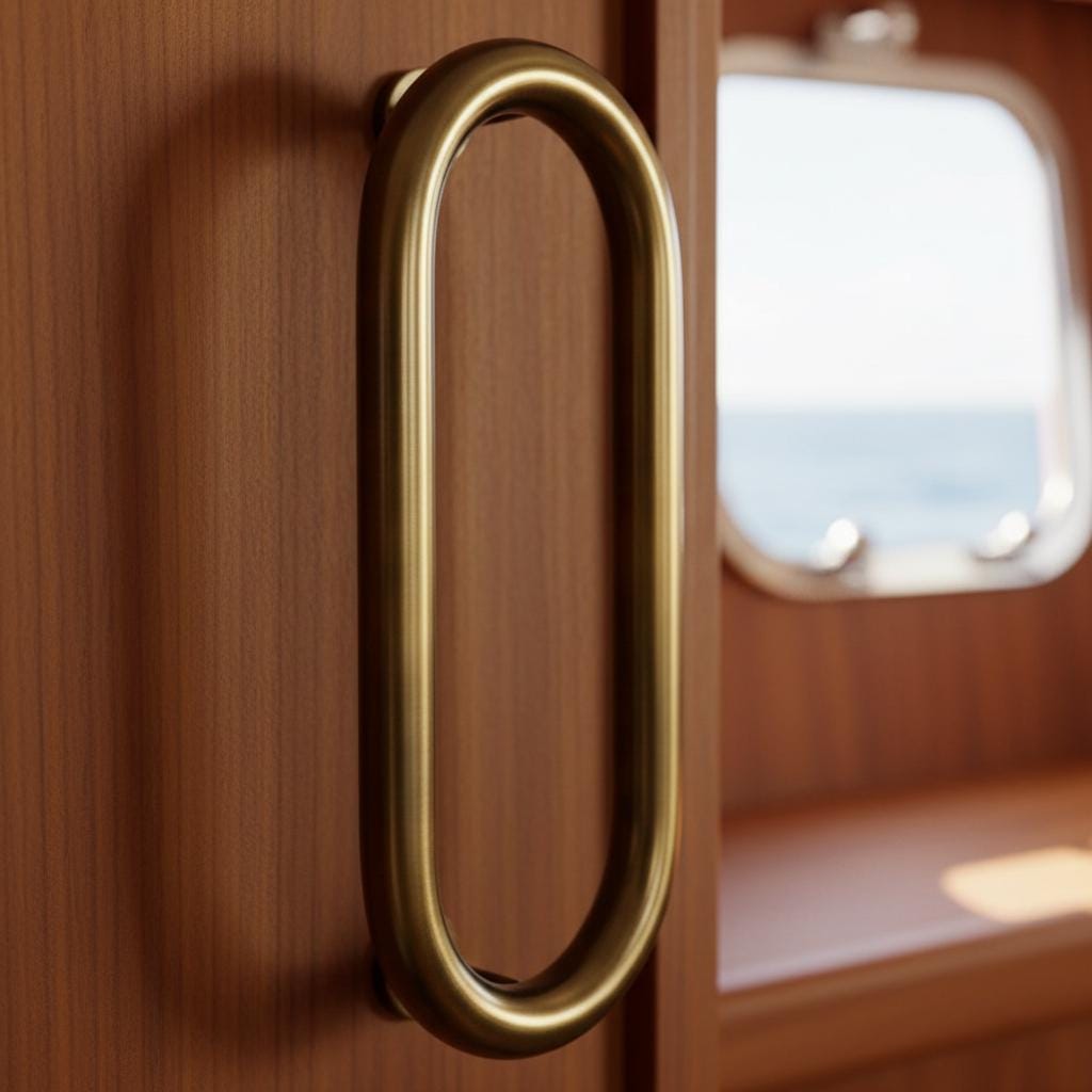 Brass door handle on a wooden door with a blurred background