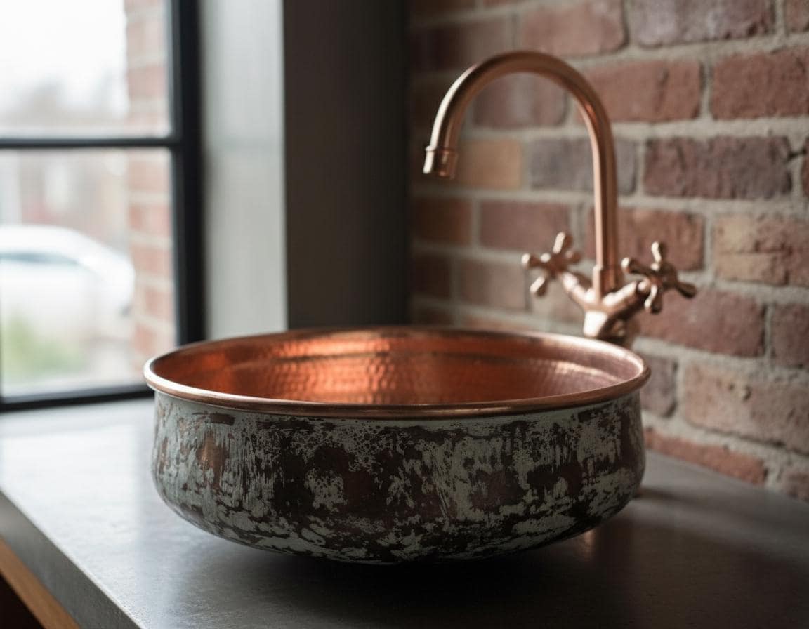 Copper sink with faucet against a brick wall