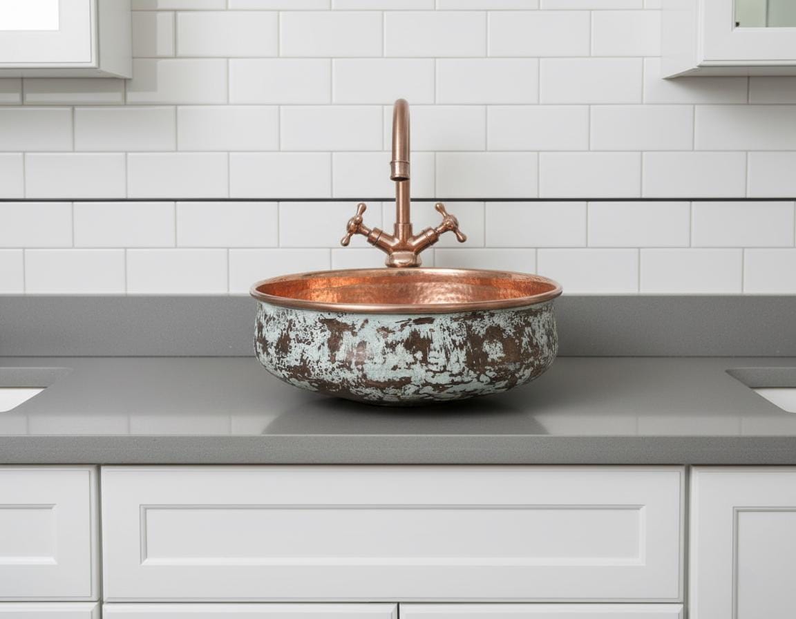Copper sink with faucet on a gray countertop in a kitchen setting