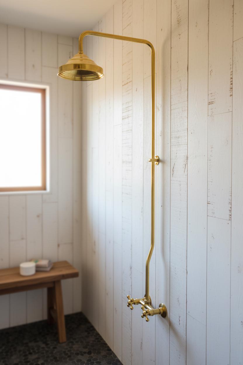Gold shower head and arm mounted on a white wooden wall with a wooden bench below.