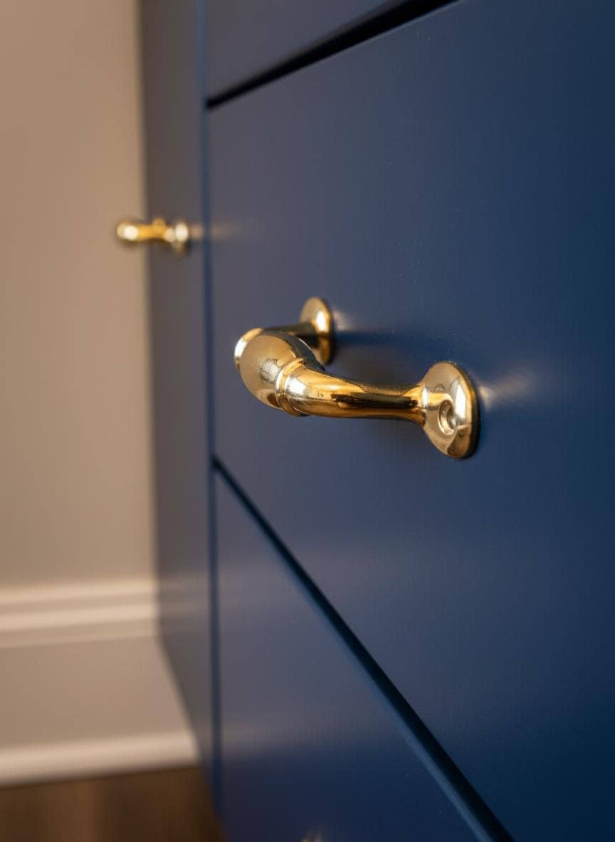 Blue cabinet with gold handle in a room setting
