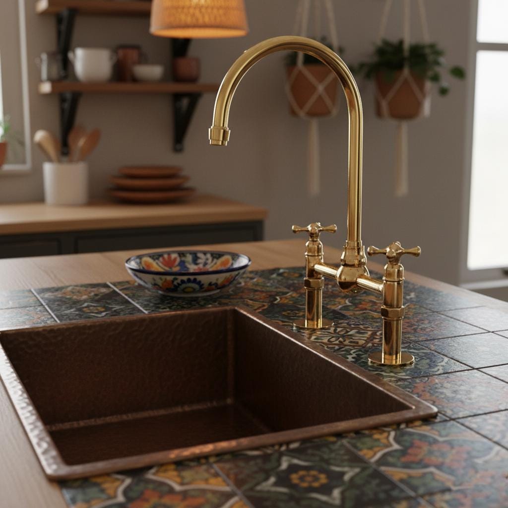 Gold kitchen faucet over a copper sink on a tiled countertop with a bowl and utensils in the background.