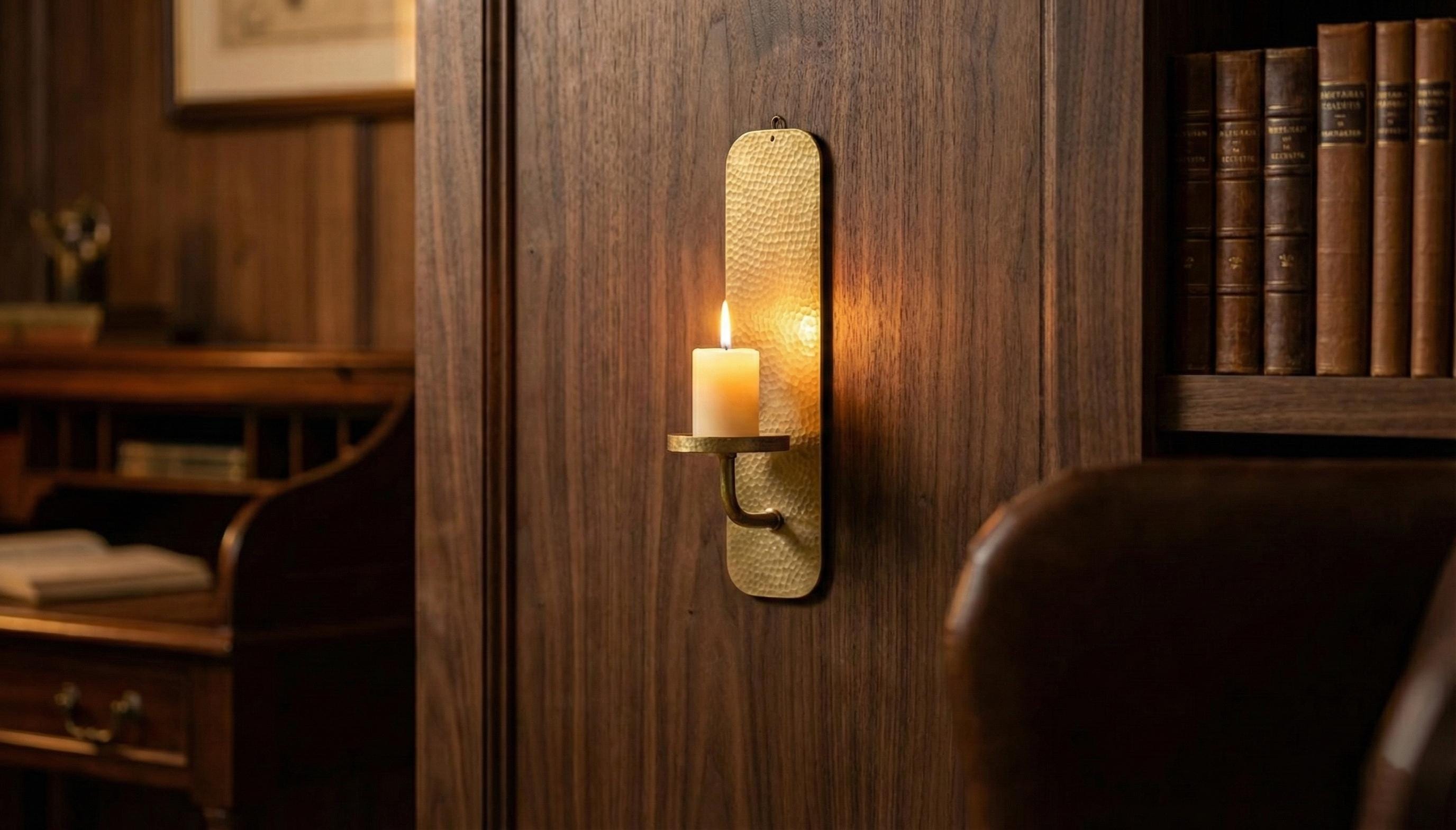 Decorative wall sconce with a candle on a wooden wall in a room with books and furniture.