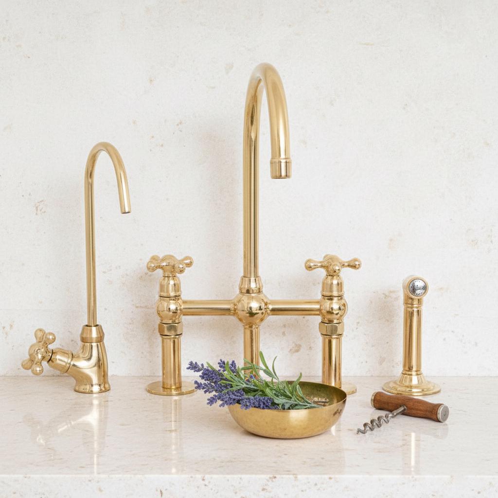 Gold kitchen faucet set on a marble countertop with a bowl of lavender and a corkscrew.