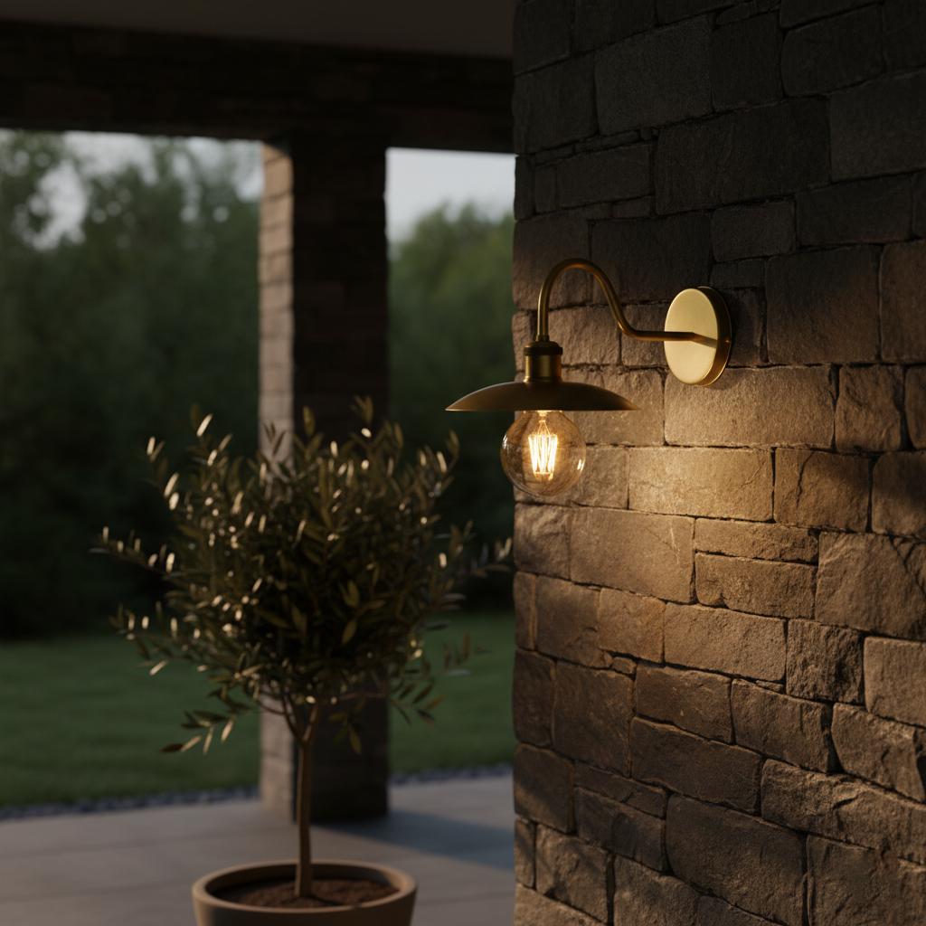 Outdoor setting with a potted plant and wall-mounted light fixture on a stone wall.