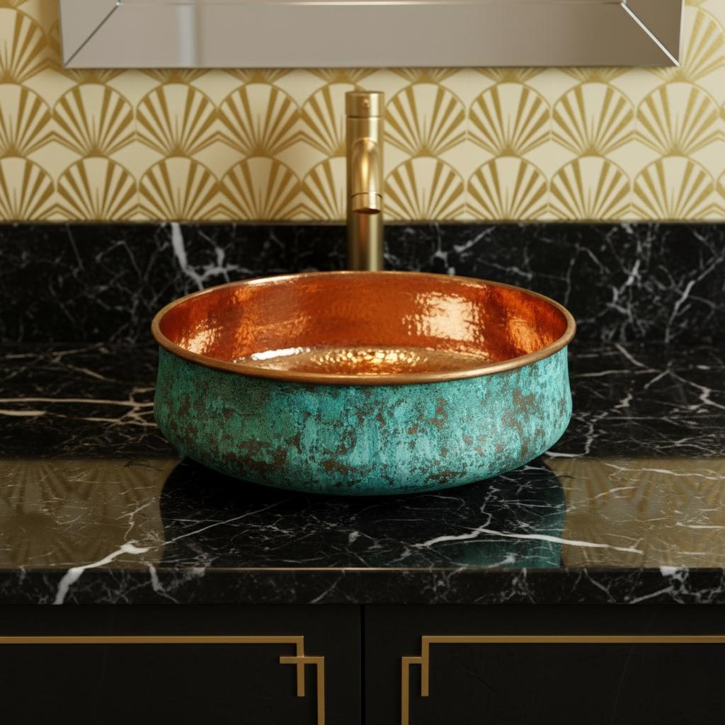 Copper and turquoise sink on a black marble countertop with decorative wall tiles.