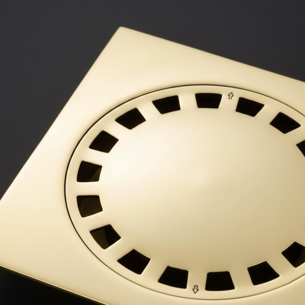 Close-up of a beige floor drain cover with black slots on a dark background