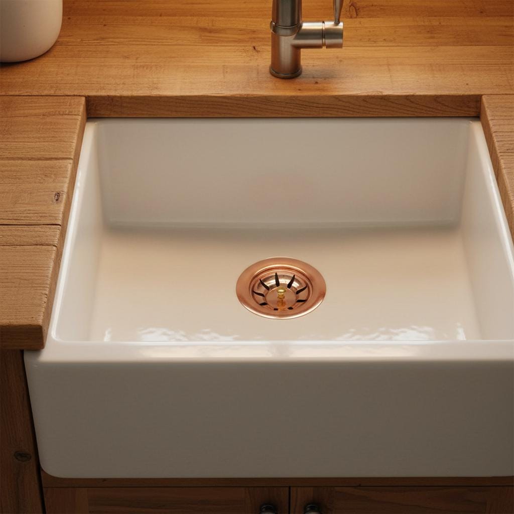 White kitchen sink with copper drain cover in a wooden cabinetry setting