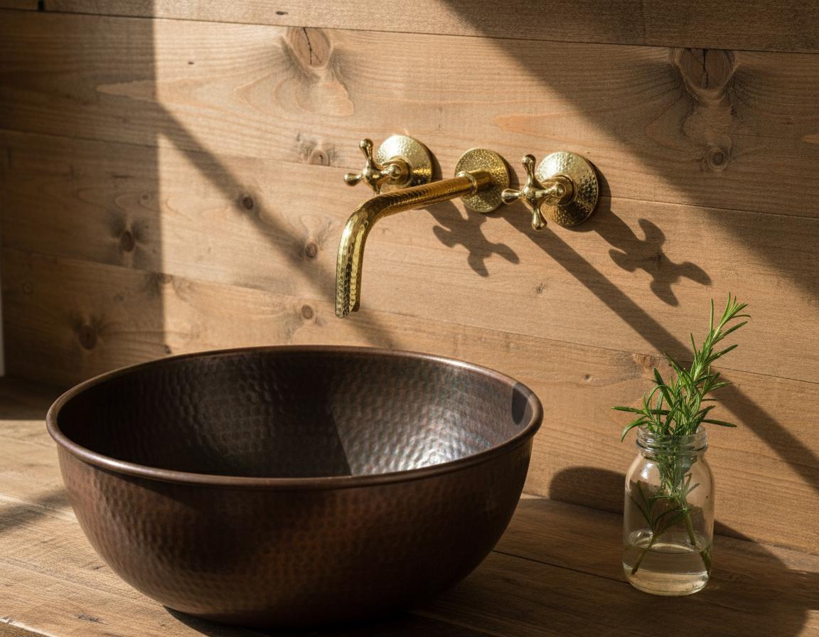 Copper sink with gold faucet against a wooden wall