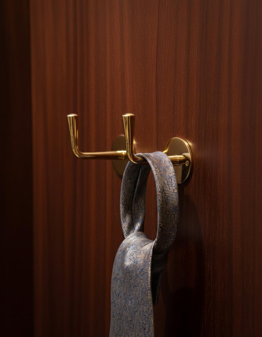 Gold hook on a wooden door with a gray towel hanging from it