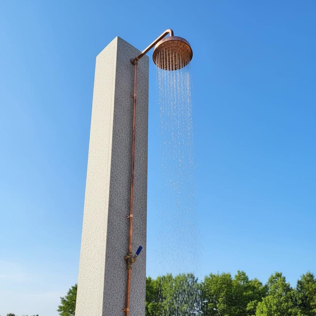 Outdoor shower head with water flowing in a lush garden setting