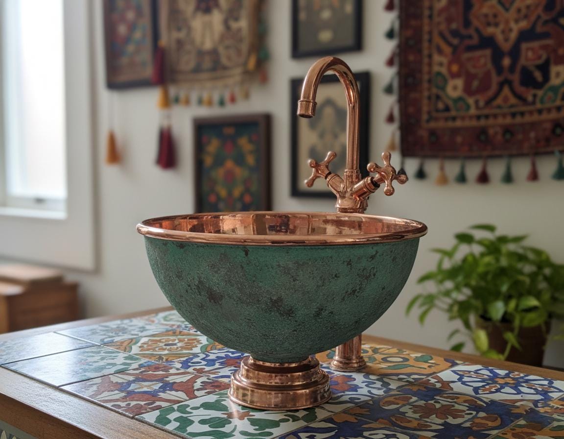 Copper sink with faucet on a decorative tiled surface, with colorful wall art in the background.