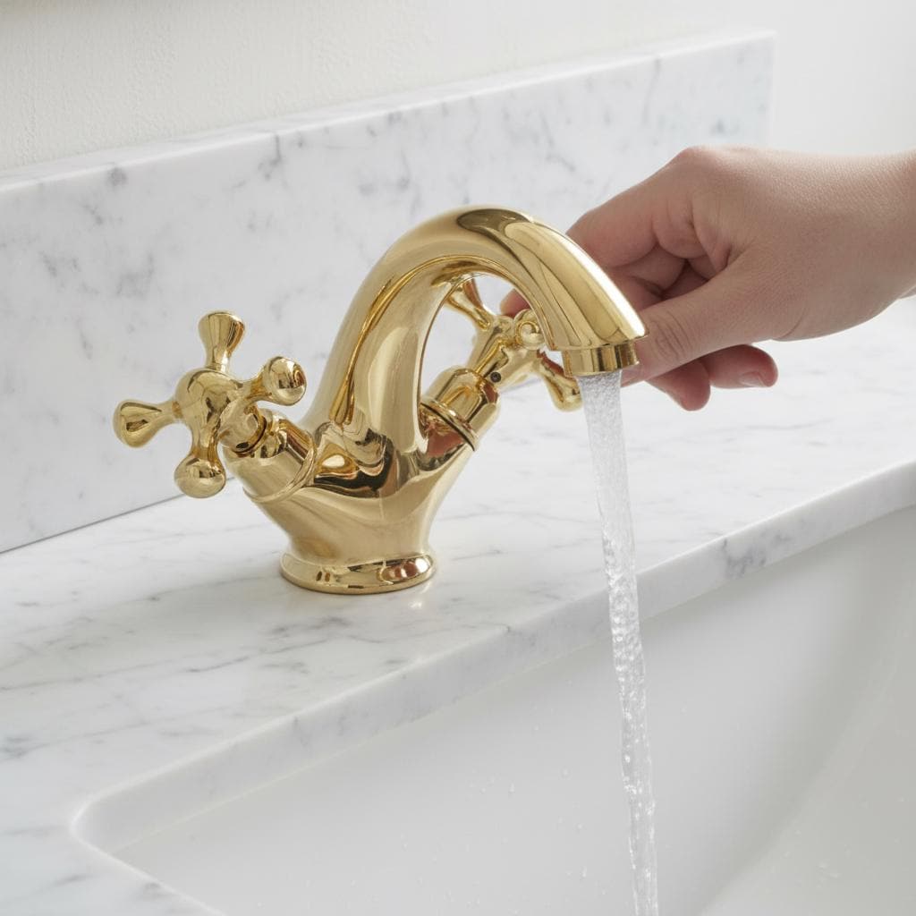 Gold faucet with water flowing into a sink on a marble countertop