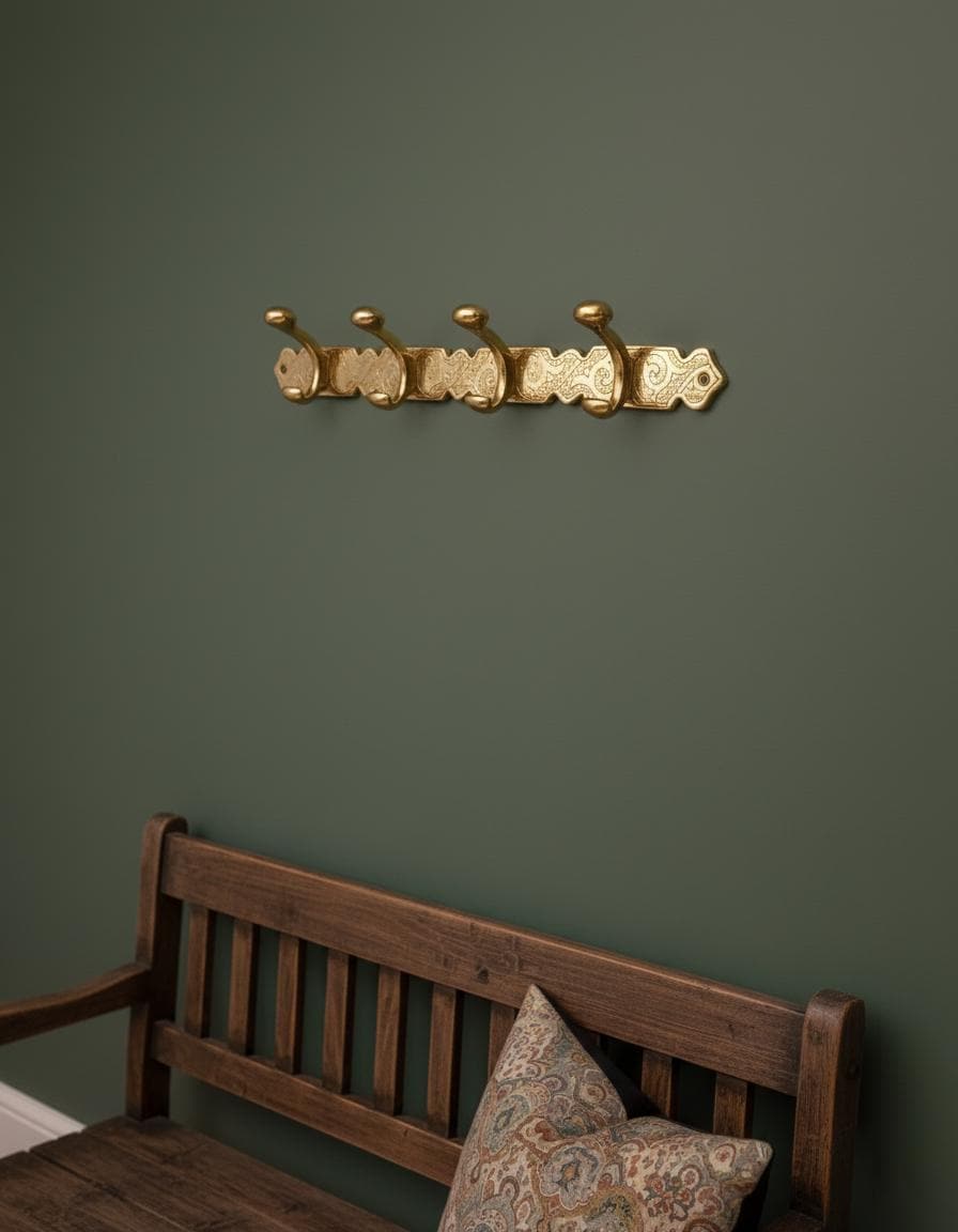 Gold wall-mounted coat rack against a green wall with a wooden bench and patterned pillow.