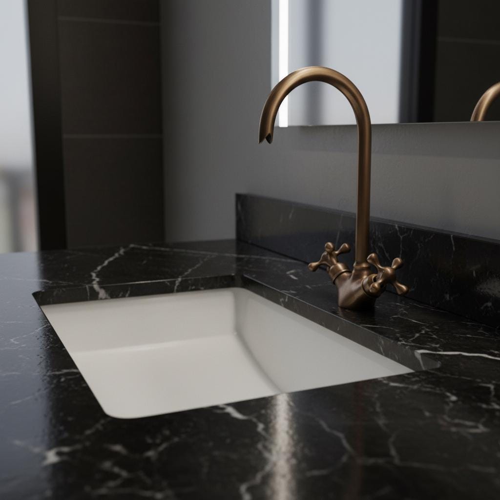 Modern kitchen sink with bronze faucet on a black marble countertop