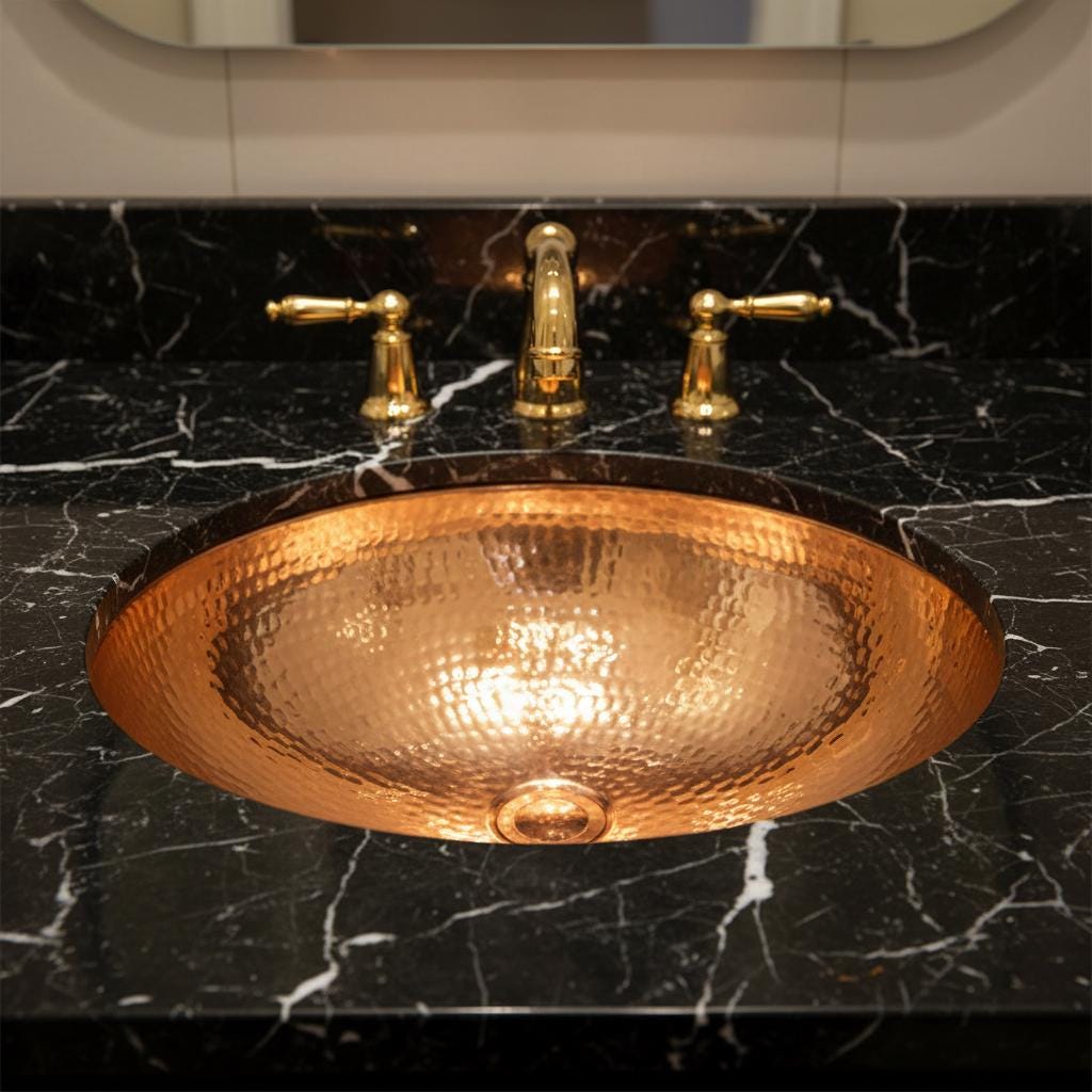 Copper sink on a black marble countertop with gold fixtures
