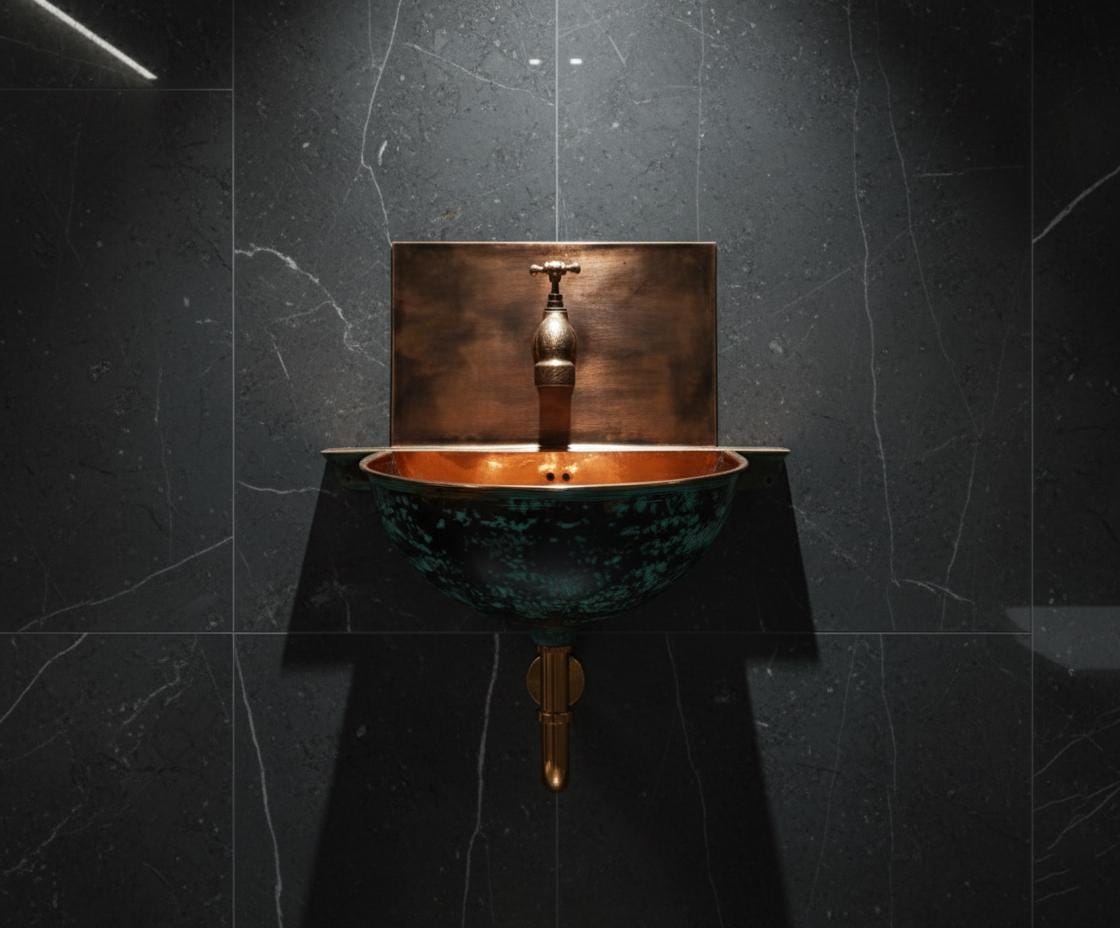 Copper sink with dark marble background