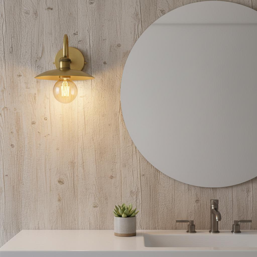 Bathroom with round mirror, gold wall light, and small plant on wooden wall.