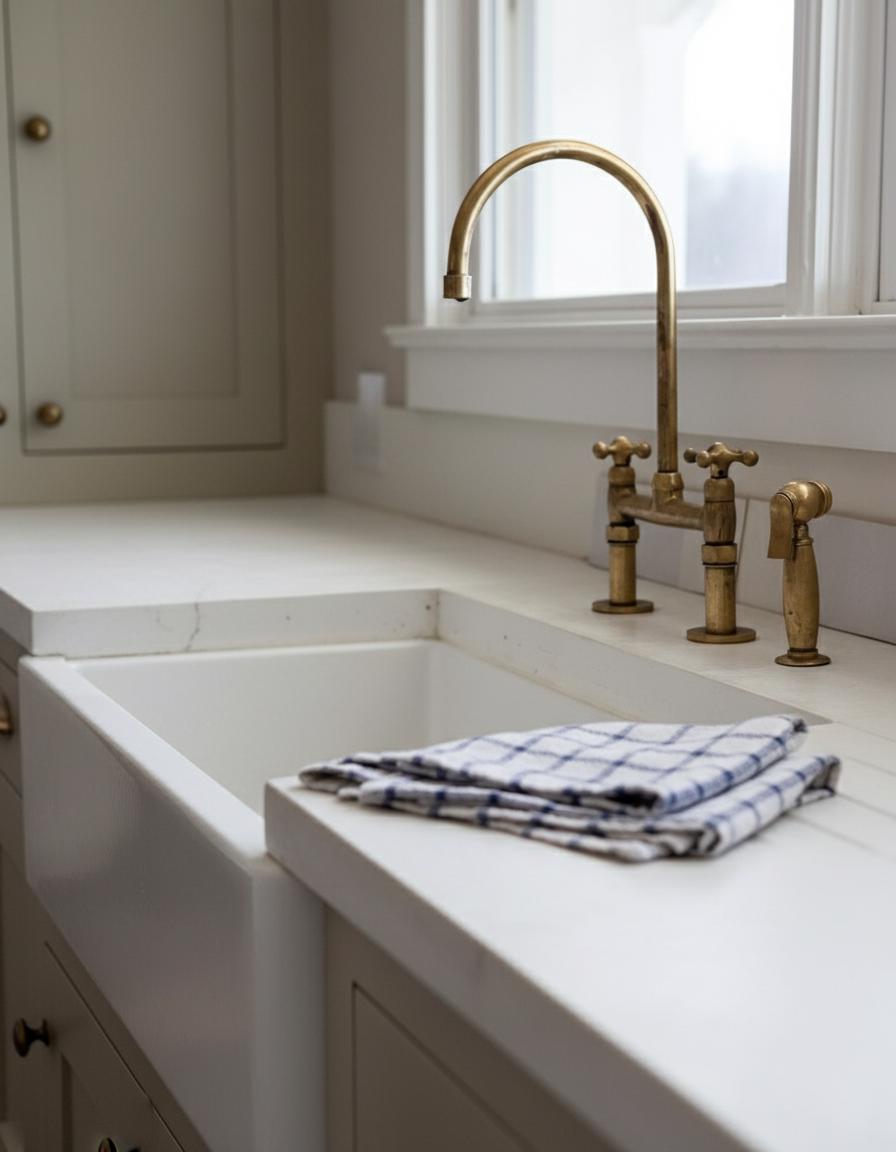 Kitchen sink with a gold faucet and white countertop