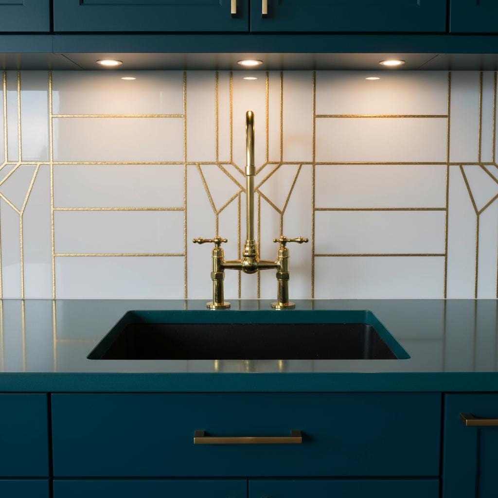 Modern kitchen with teal cabinets, black sink, and gold faucet against a geometric tile backsplash.