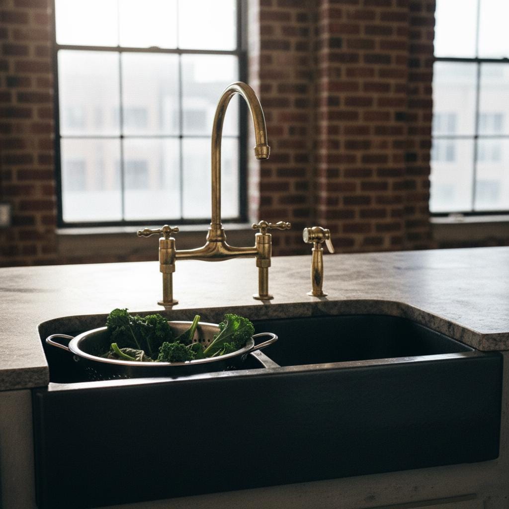 Black kitchen sink with gold faucet in a modern kitchen setting