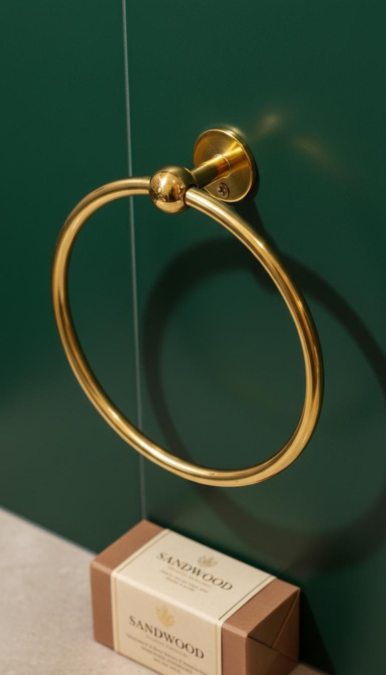 Gold towel ring on a green wall with Sandwood soap box in the foreground