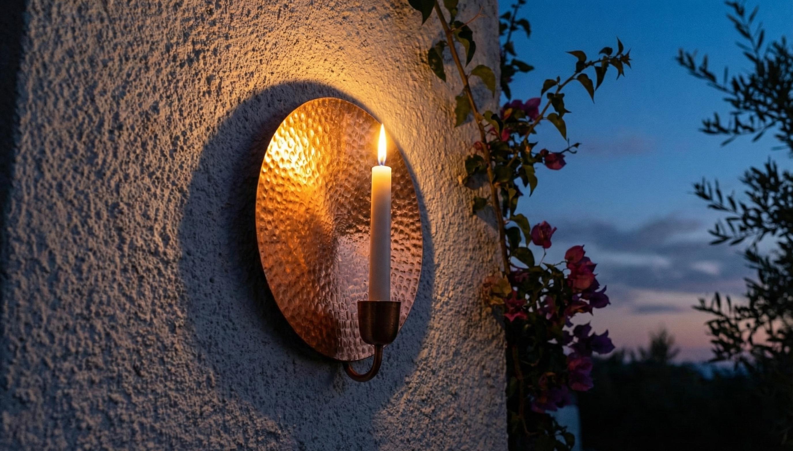 Candle in a wall-mounted holder with flowers and a night sky in the background