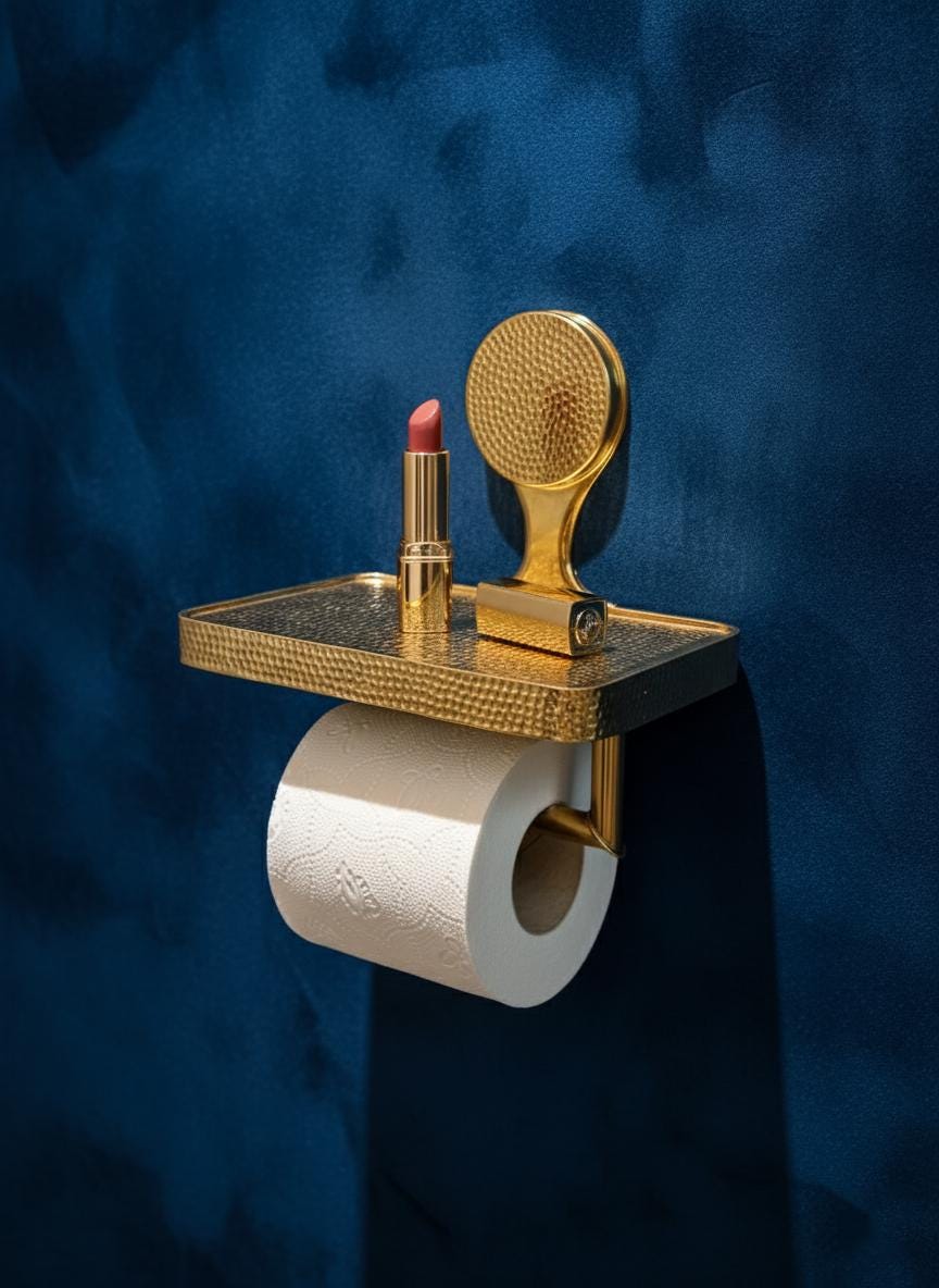 Gold toilet paper holder with a red lipstick and gold mirror on a blue background