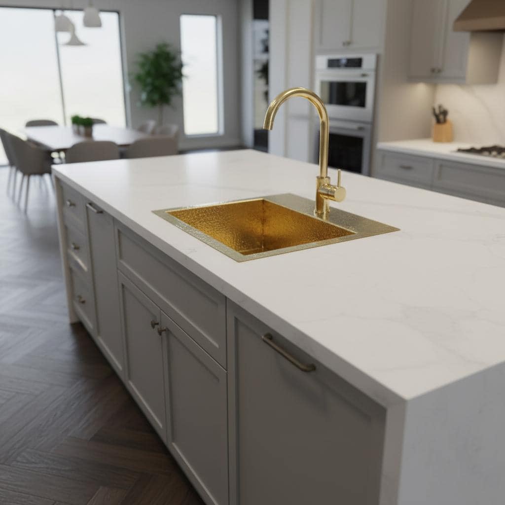 Modern kitchen with a gold sink and faucet