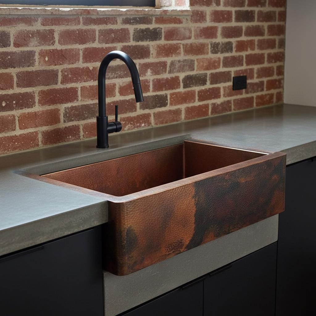 Copper farmhouse sink with black faucet against a brick wall