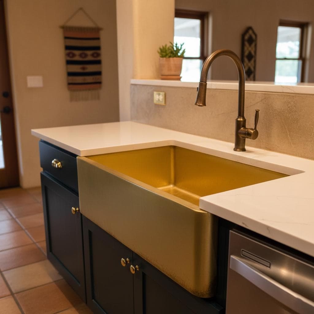 Kitchen sink with gold faucet in a home setting